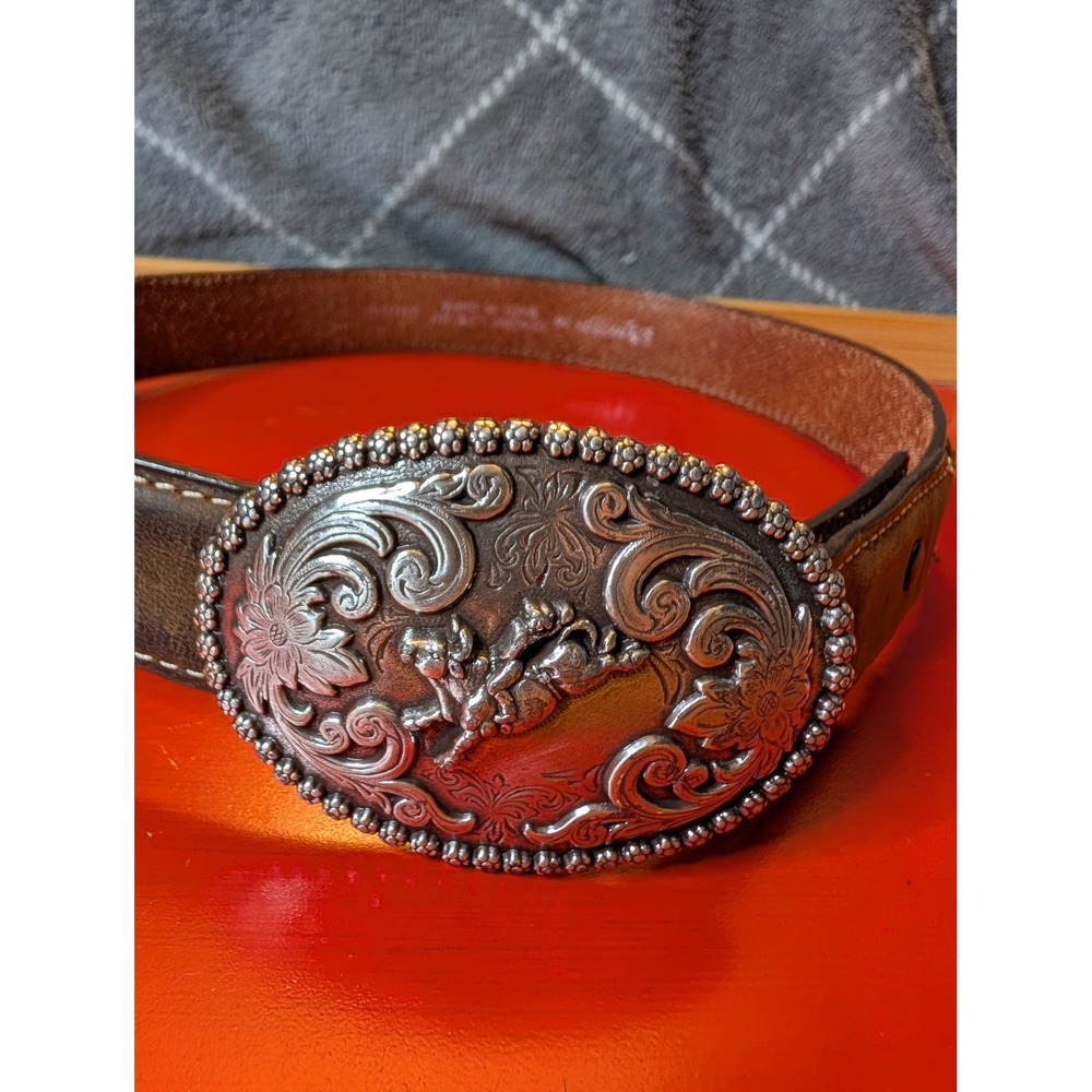 Nocona Brown Leather Western Belt Silver Bronco Trophy Buckle Size 24 N3411208